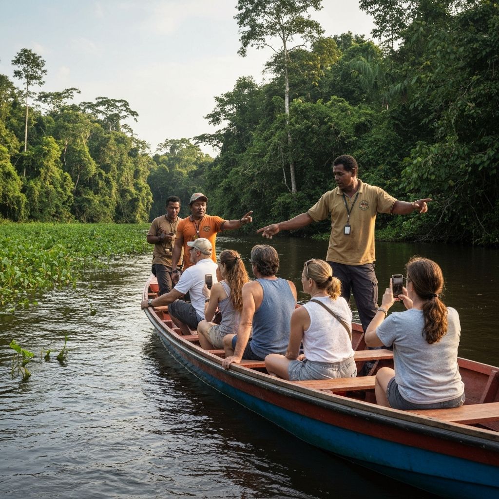 Guías amazónicos conduciendo expedición